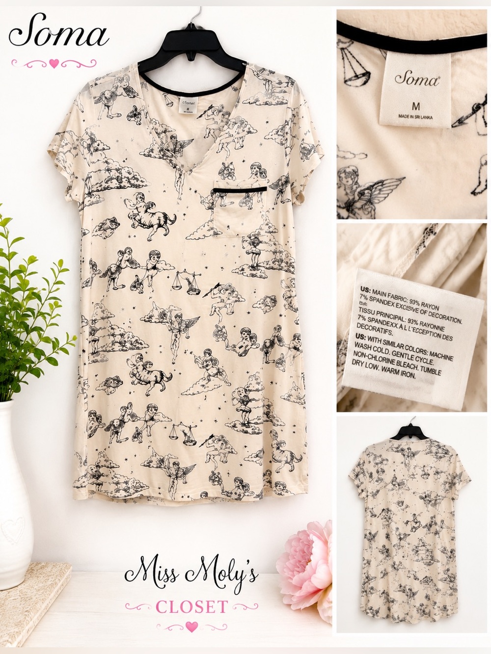 Soma Cool Nights Zodiac Print Sleep Shirt Medium Soft Rayon Nightgown Celestial